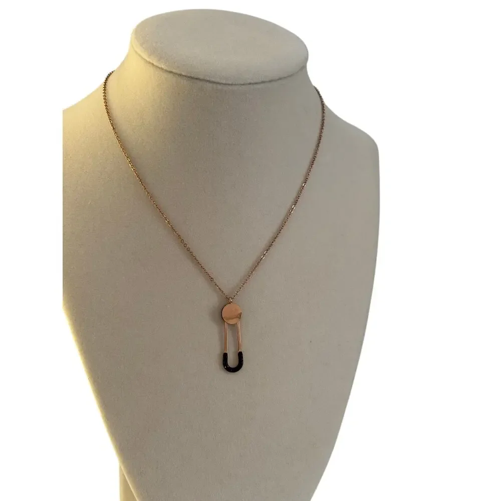 Rose Gold Safety Pin Pendant Necklace Black Crystal Minimalist Women Jewelry - Picture 2 of 6